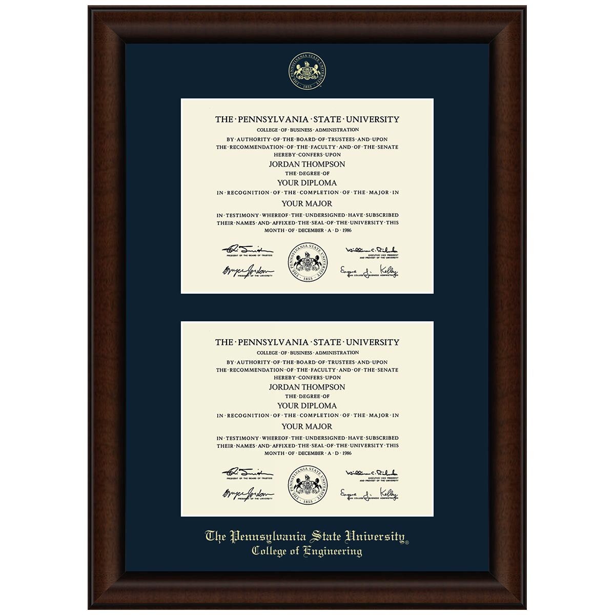 #106 Penn State College of Engineering double diploma frame Lenox (Walnut)